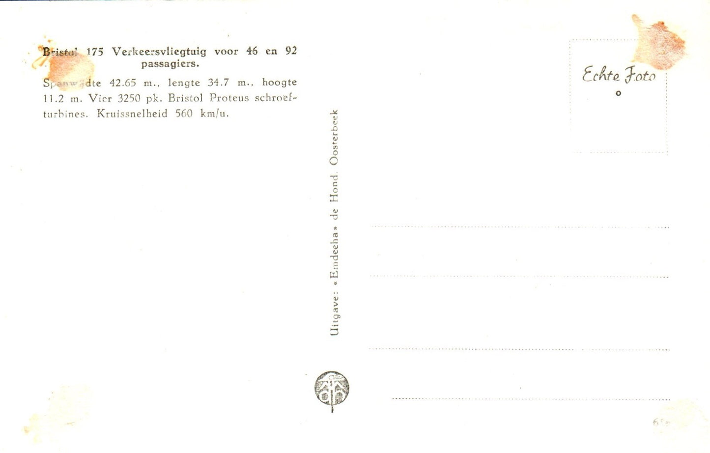 Bristol 175 Passenger Plane Vintage Airplane Postcard