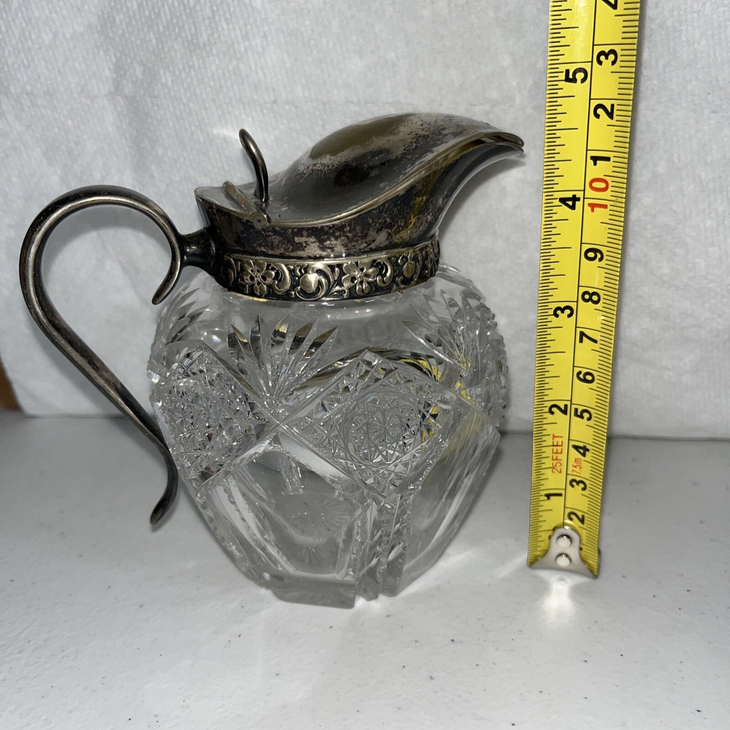 Vintage AMERICAN BRILLIANT Wheel Cut Glass Ball Pitcher Plated Silver Lid Handle