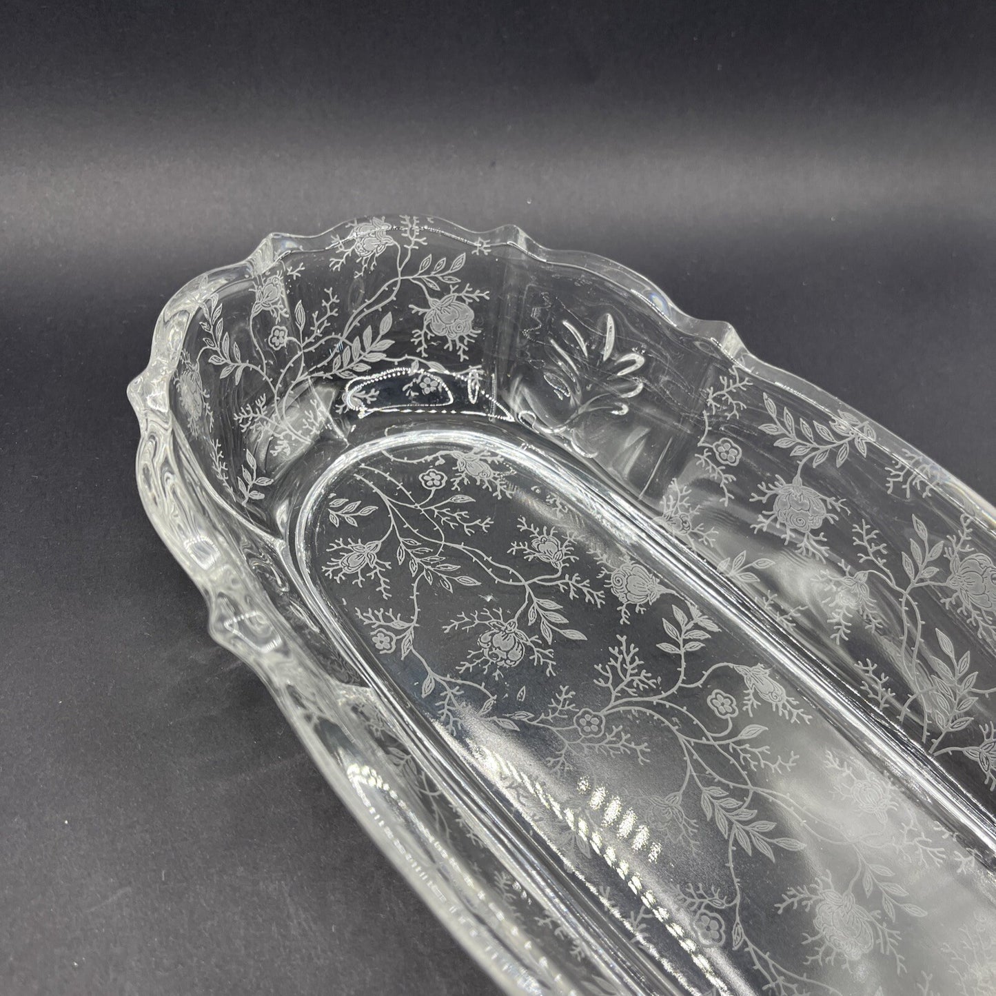 Fostoria Chintz Etched Pickle Dish Tray Baroque 11 in.