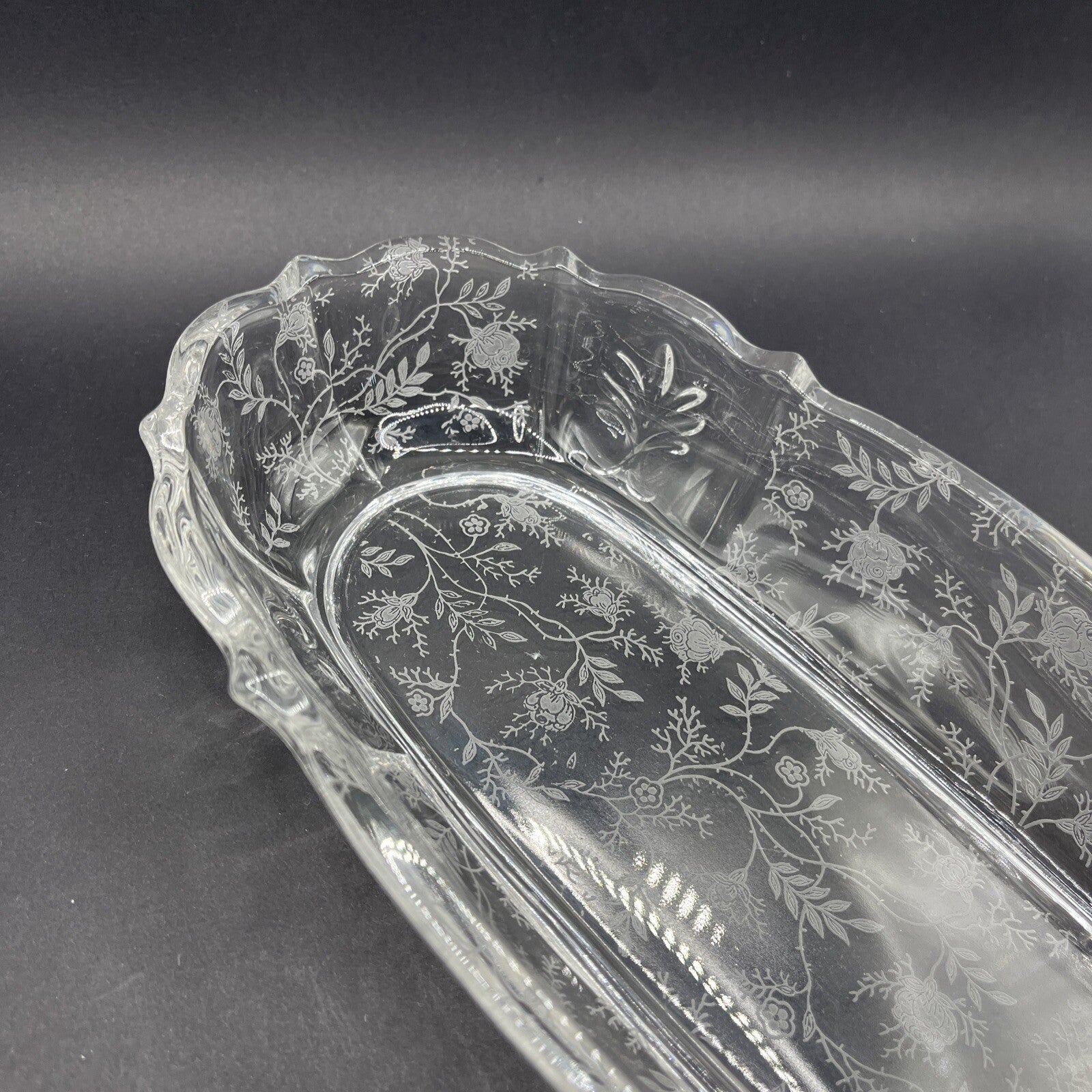 Fostoria Chintz Etched Pickle Dish Tray Baroque 11 in.