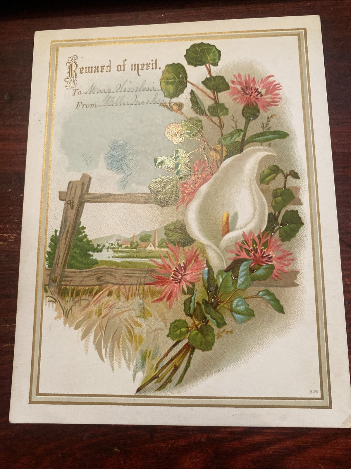 Reward of merit Vintage Victorian School Ephemera Lily Flower Split Rail Fence