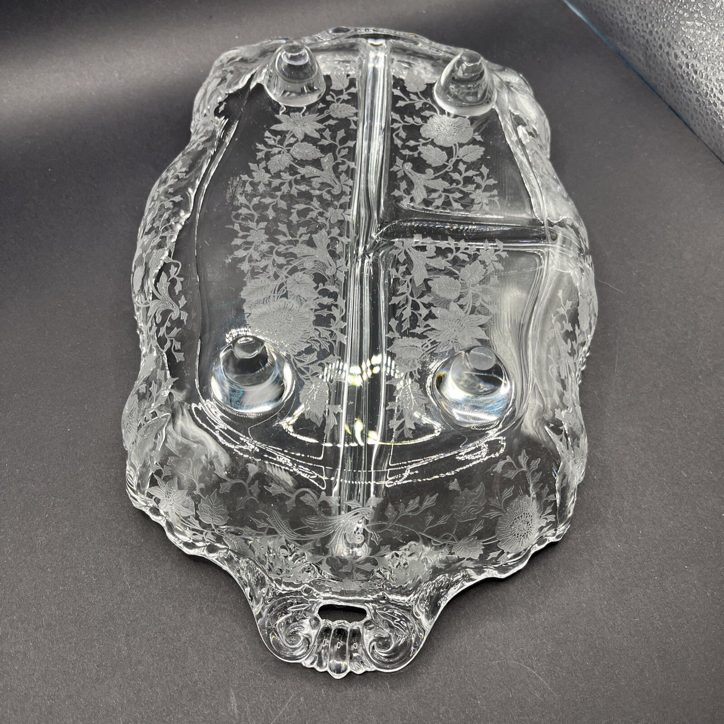 Cambridge Glass Clear 4 Toed 3 Part Relish Dish WILDFLOWER Etched