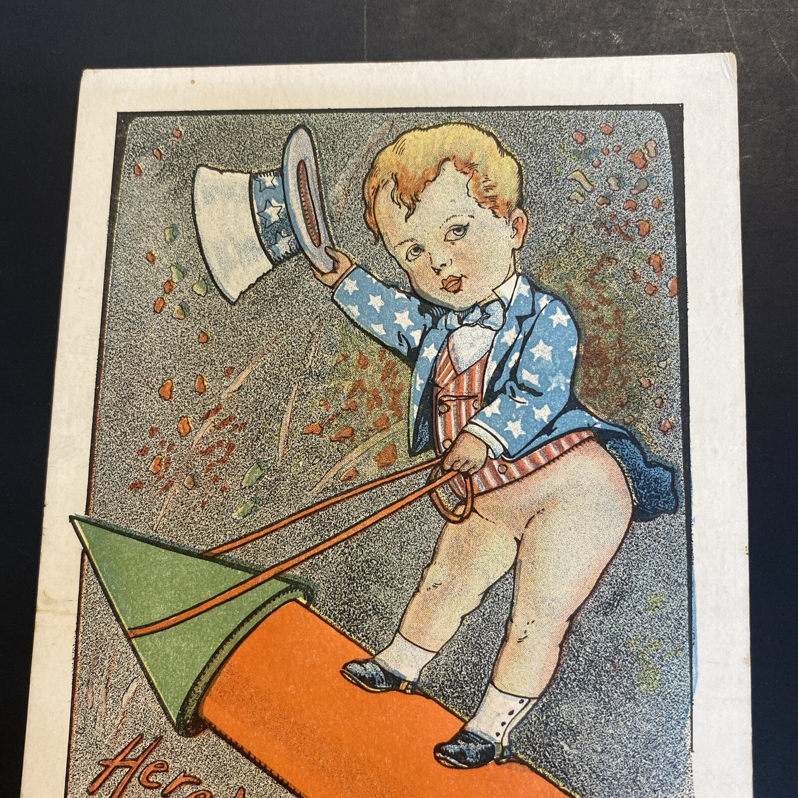 Rare 1907 Fourth of July Patriotic Postcard Here We Go Again Uncle Sam Rocket