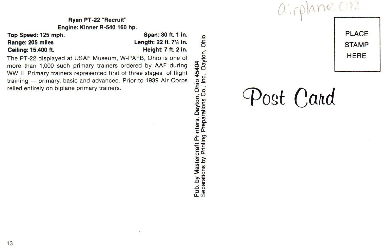Ryan PT-22 "Recruit" Airplane Postcard
