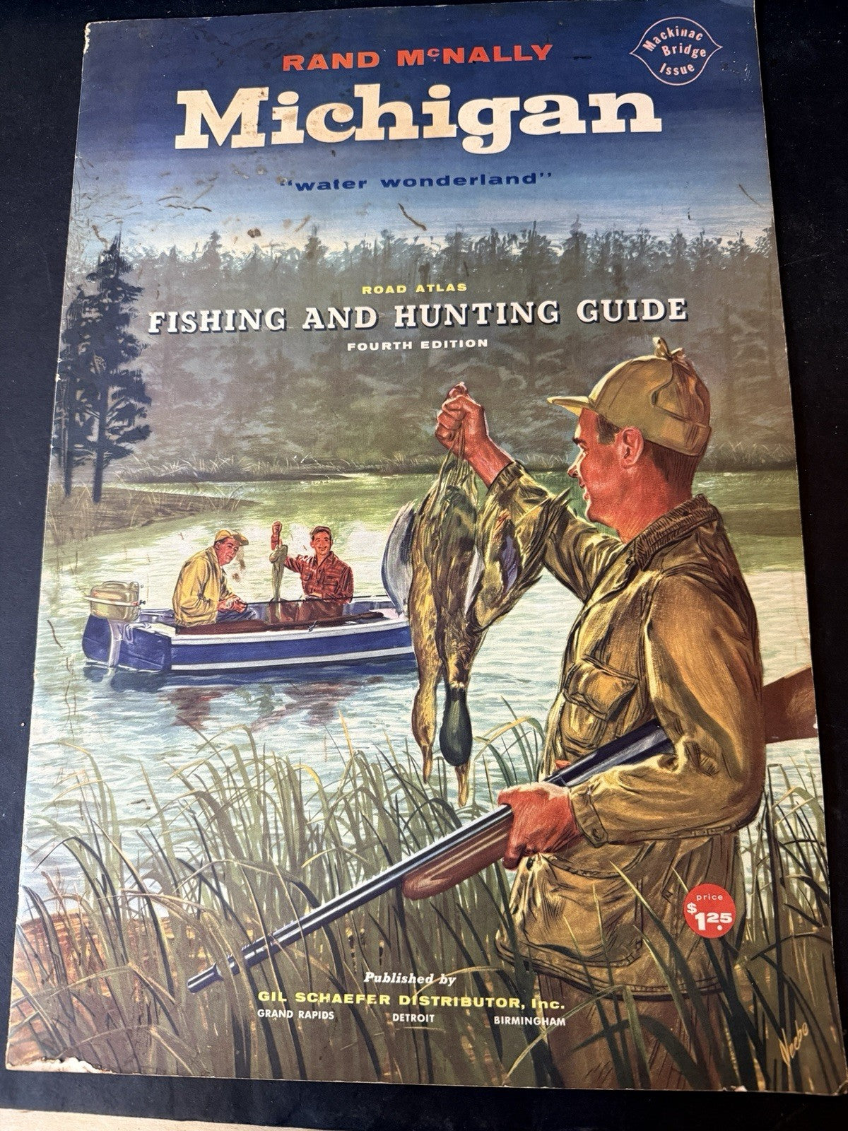 RARE 1958 Rand McNally Fishing Hunting Guide Michigan  Mackinac Bridge issue