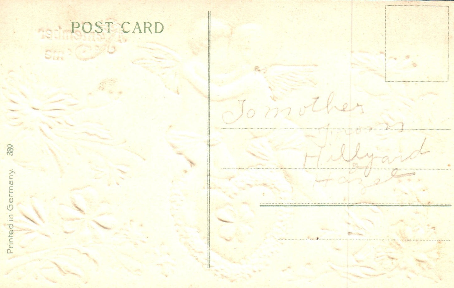 Gold Embossed Angels Kissing with luck Remember Me Valentine Postcard Lady 389