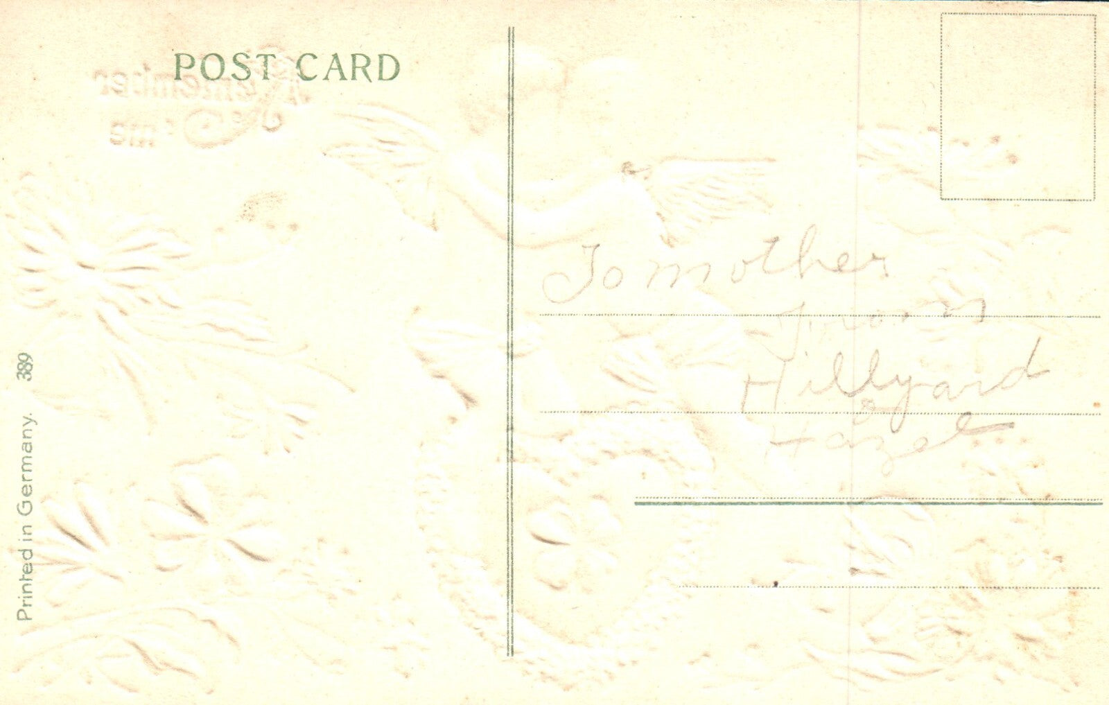 Gold Embossed Angels Kissing with luck Remember Me Valentine Postcard Lady 389