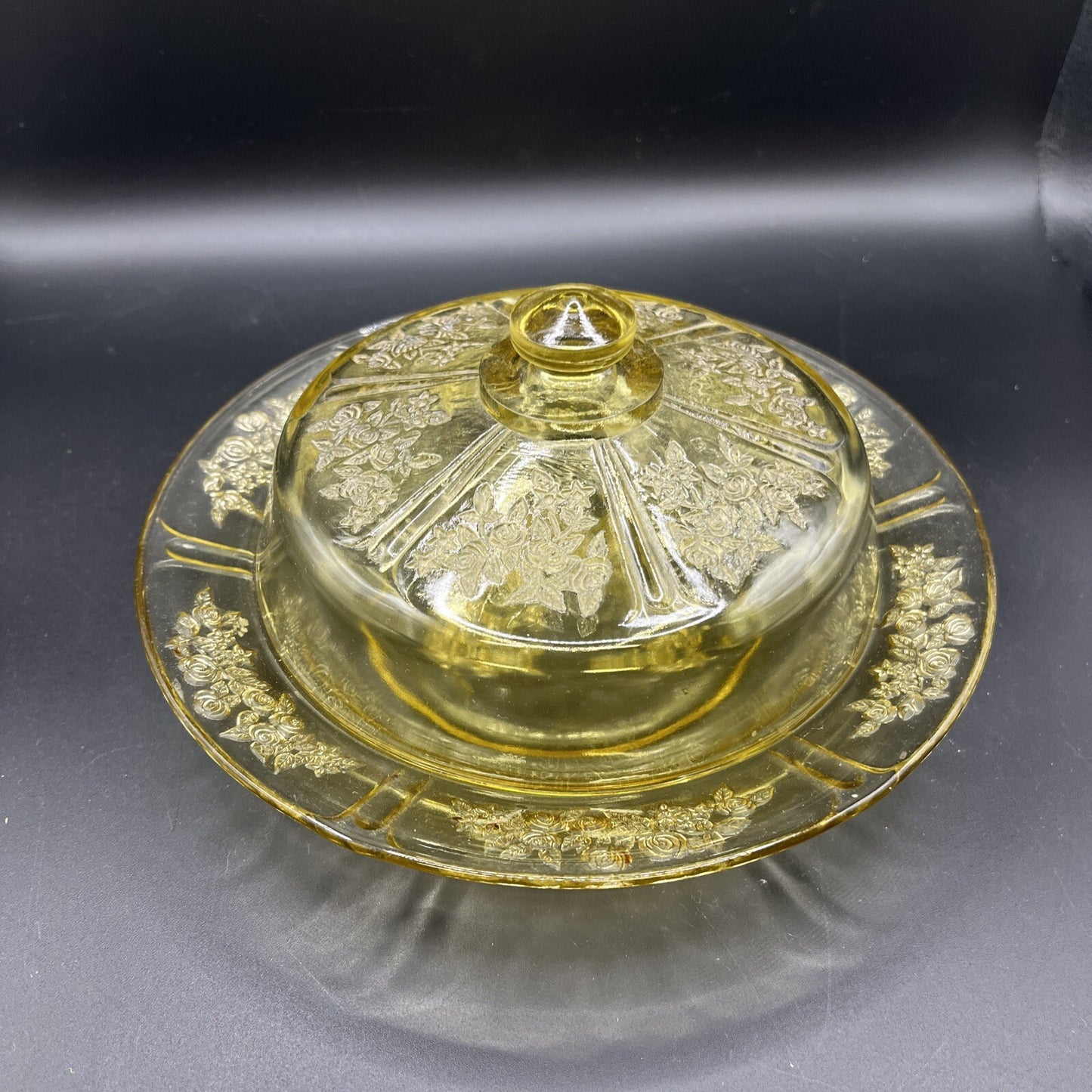 Vtg FEDERAL GLASS -Sharon Amber- Cabbage Rose, Rnd Butter Dish w Lid / Cover.VGC