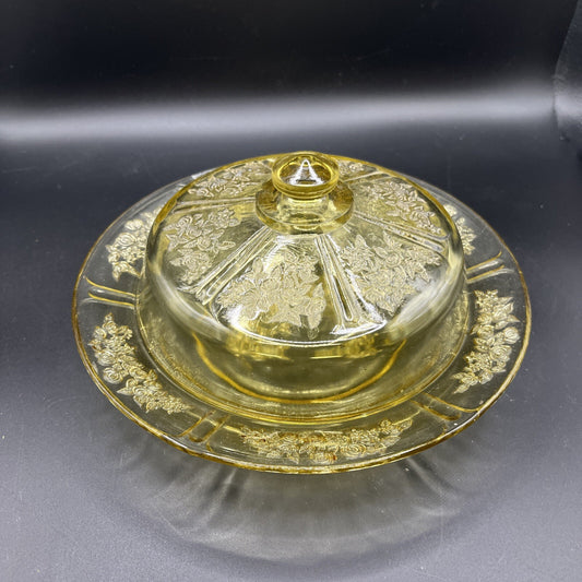 Vtg FEDERAL GLASS -Sharon Amber- Cabbage Rose, Rnd Butter Dish w Lid / Cover.VGC