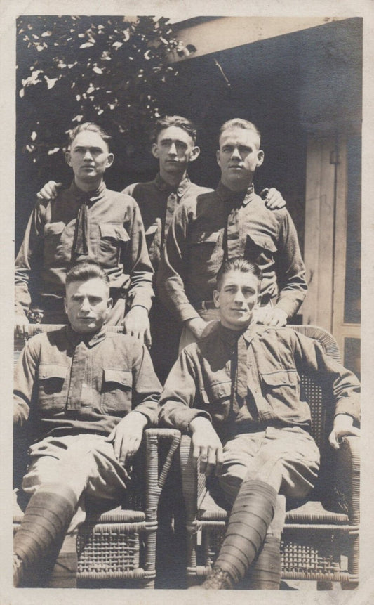 Real Photo Military Militaria Five Men in WWI Uniform Vintage Postcard