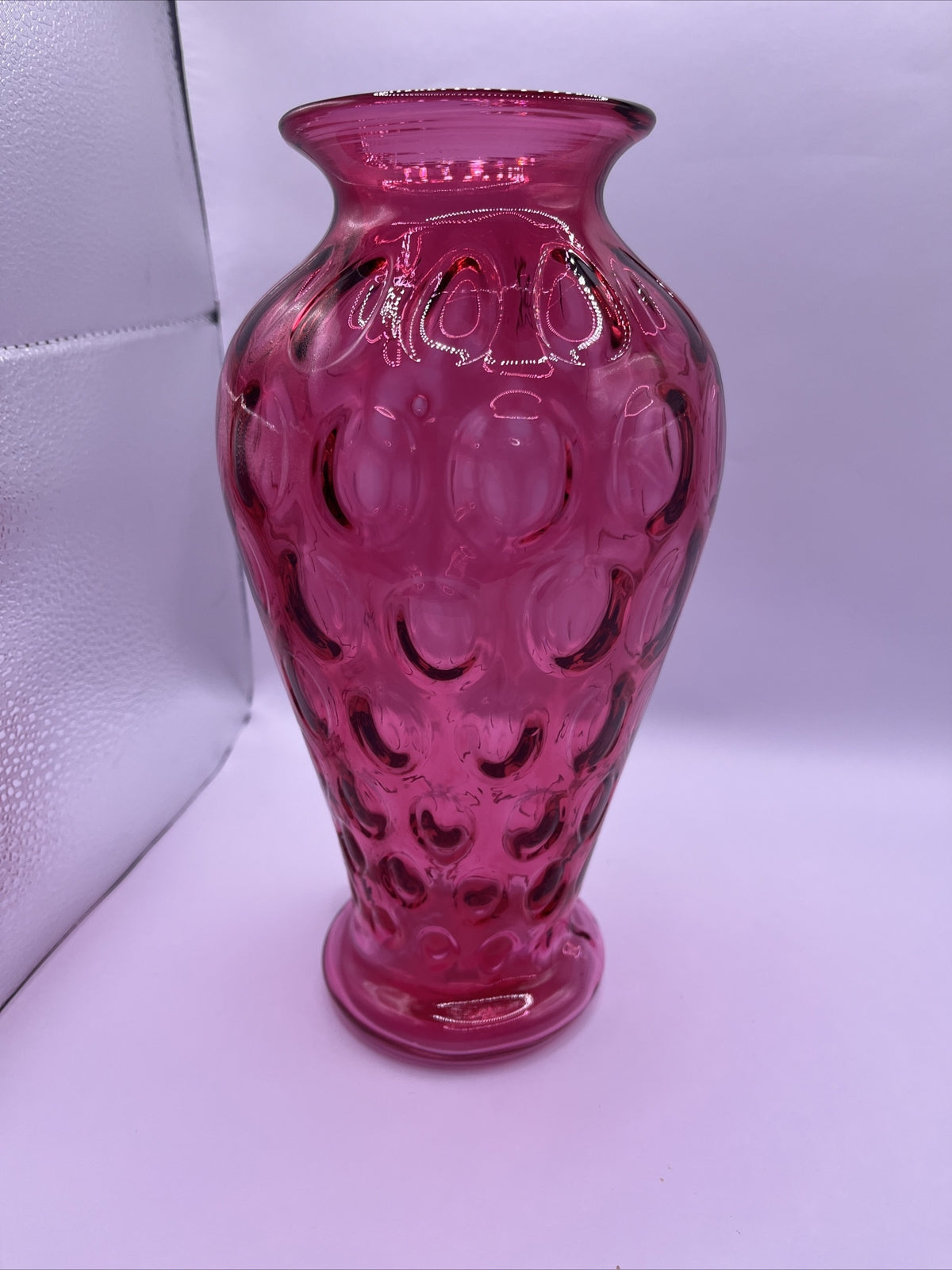 Fenton Cranberry Glass Inverted Thumbprint Vase Original Sticker 9.34”