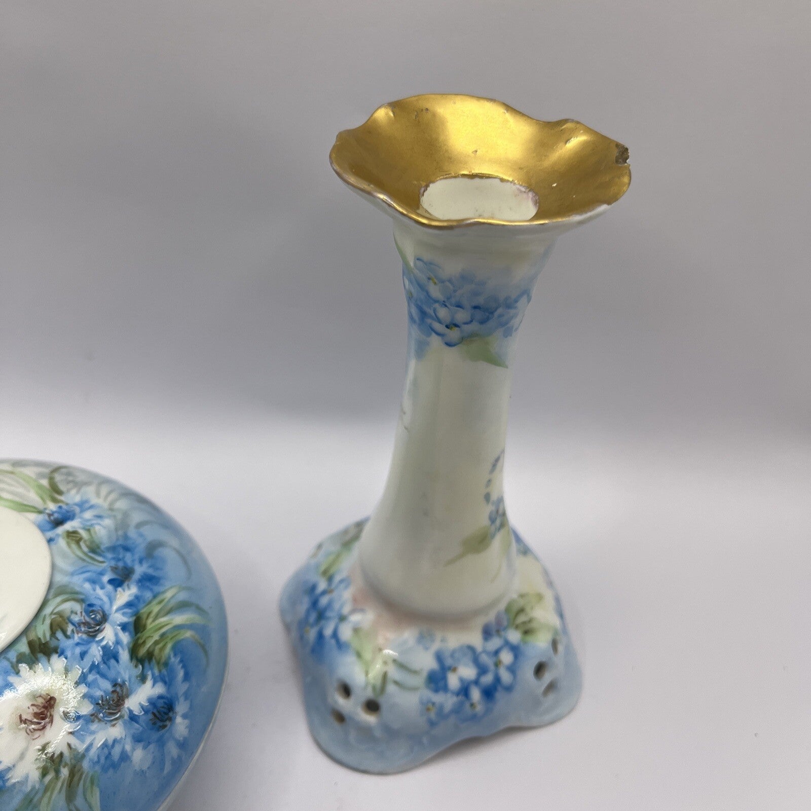 Limoge France  Signed on bottom Trinket or Powder Box & Candle Holder VTG