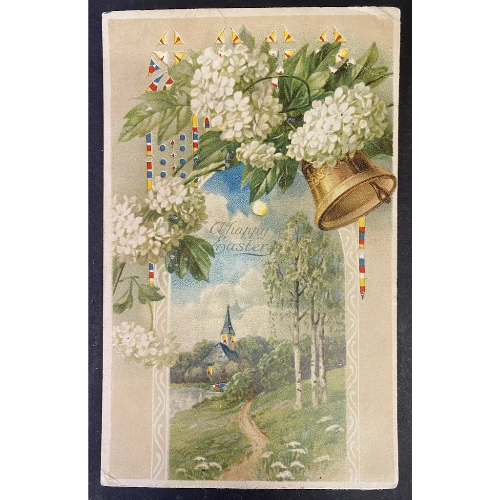 A Happy Easter Bell Ringing Flower Vintage Hold to The Light HTL Easter Postcard