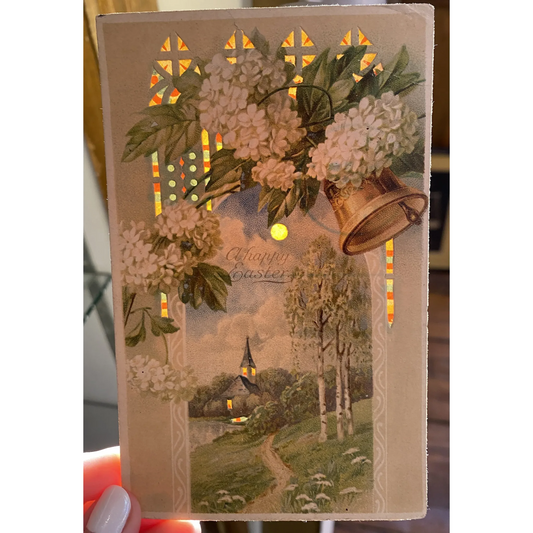 A Happy Easter Bell Ringing Flower Vintage Hold to The Light HTL Easter Postcard
