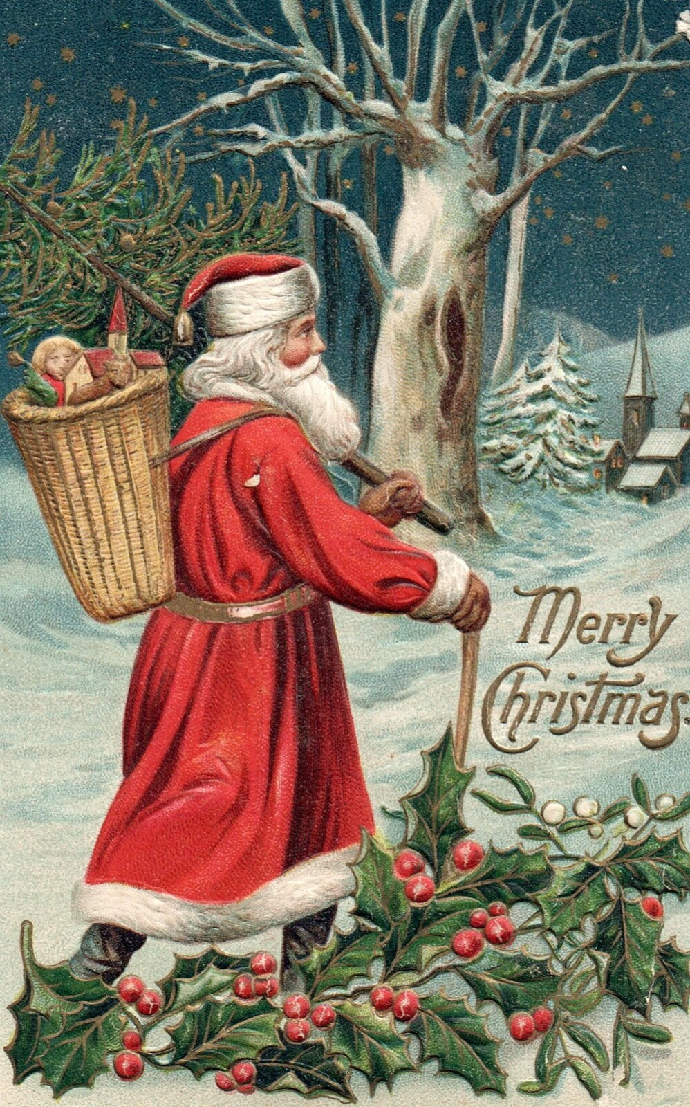 Merry Christmas Santa with Holly and Toy Basket Vintage Santa Postcard