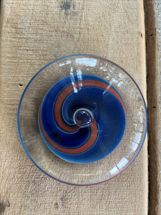 Robert Burch Glass Round Flat Multicolor Dome Center Bubble Paperweight Signed