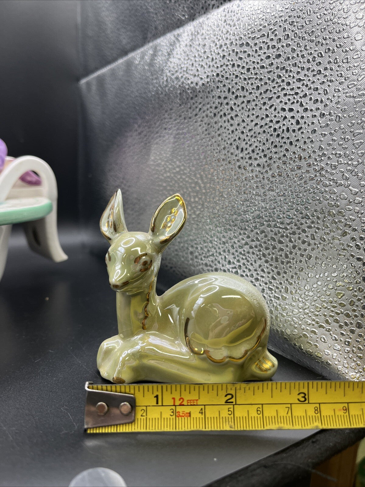 Vintage Cream and Gold Iridescent Ceramic Fawn Deer Figurine Gold Trim