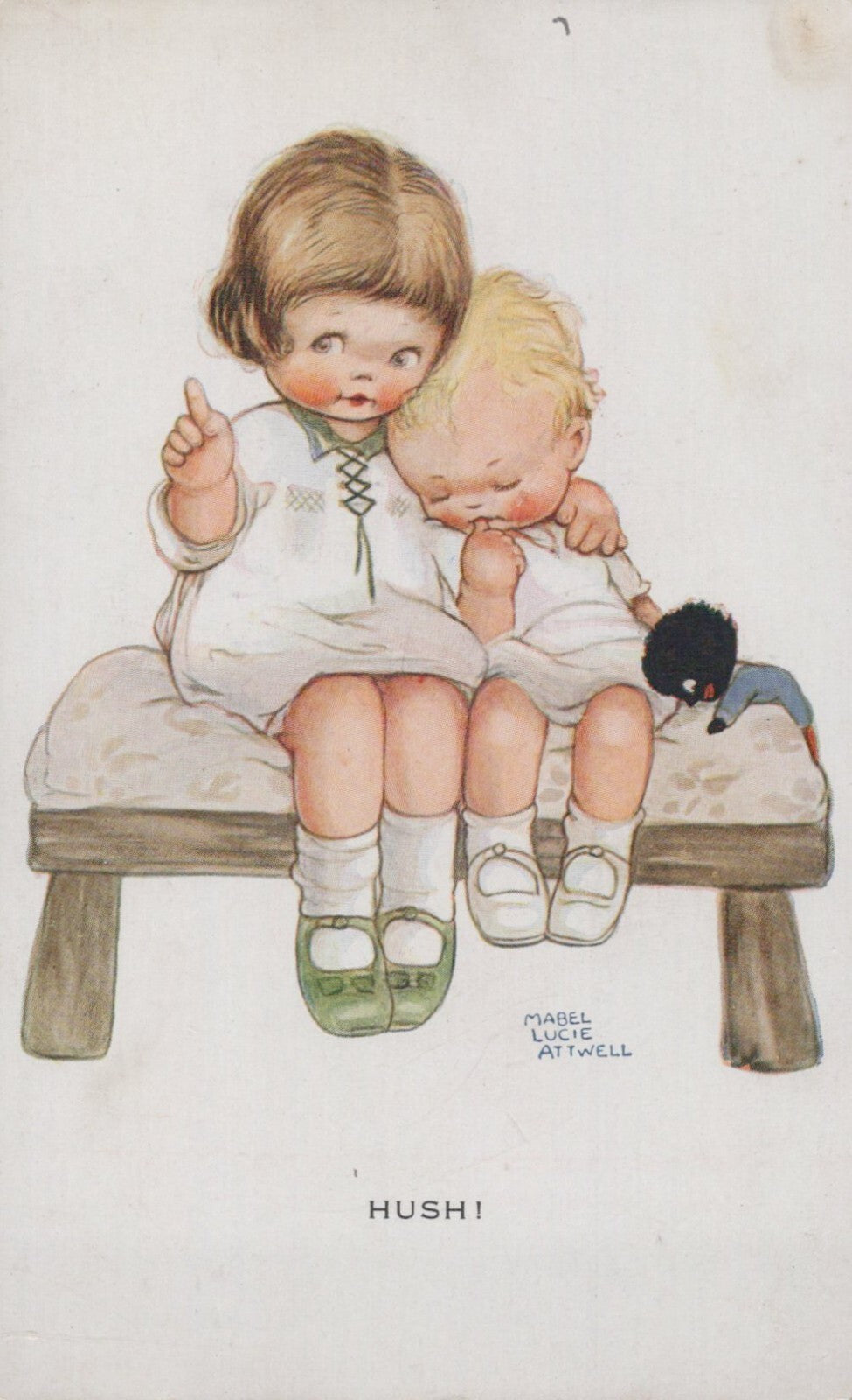 Hush Girl hugs baby with black doll MLA Artist Signed Mabel Lucie Attwell A4546