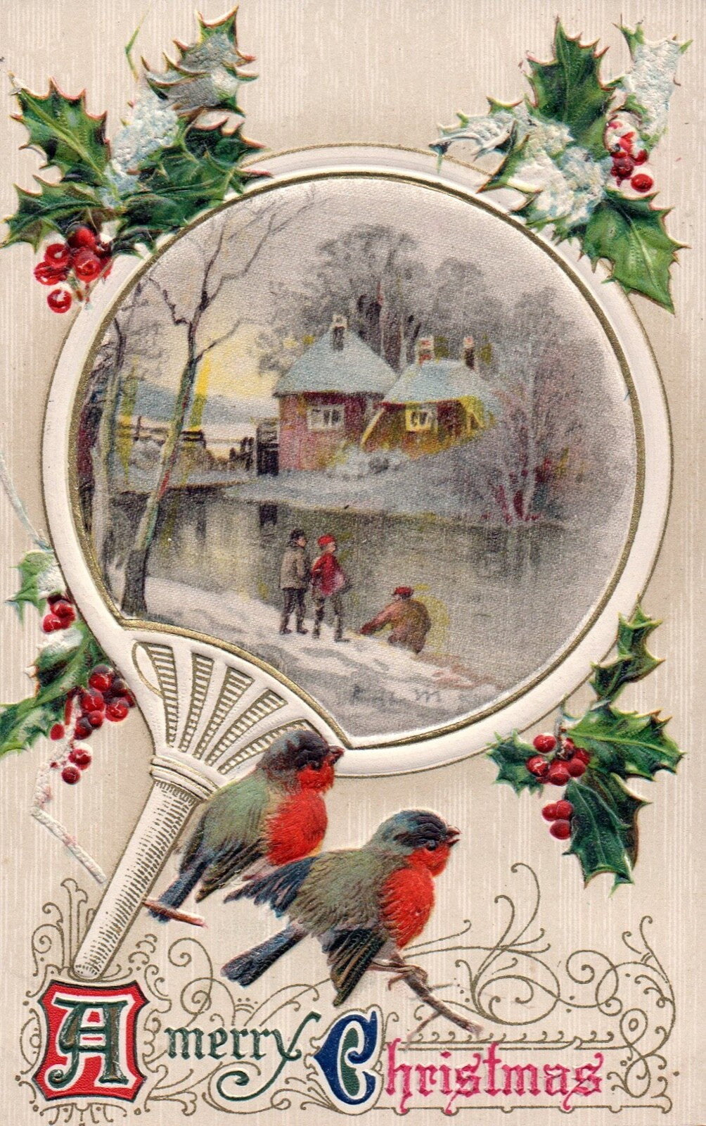 John Winsch A Merry Christmas Children Playing in Snow Silk Vintage Postcard