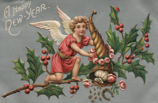 Angel on Holly branch shares fruits of wealth for the New Year Vintage Postcard