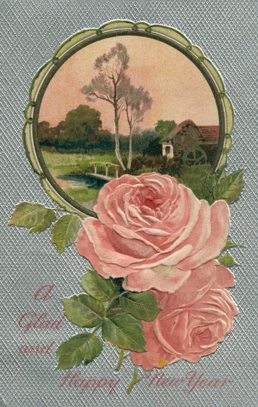 1908 Pink Roses Countryside Scene inset Silver Embossed Happy New Year Postcard