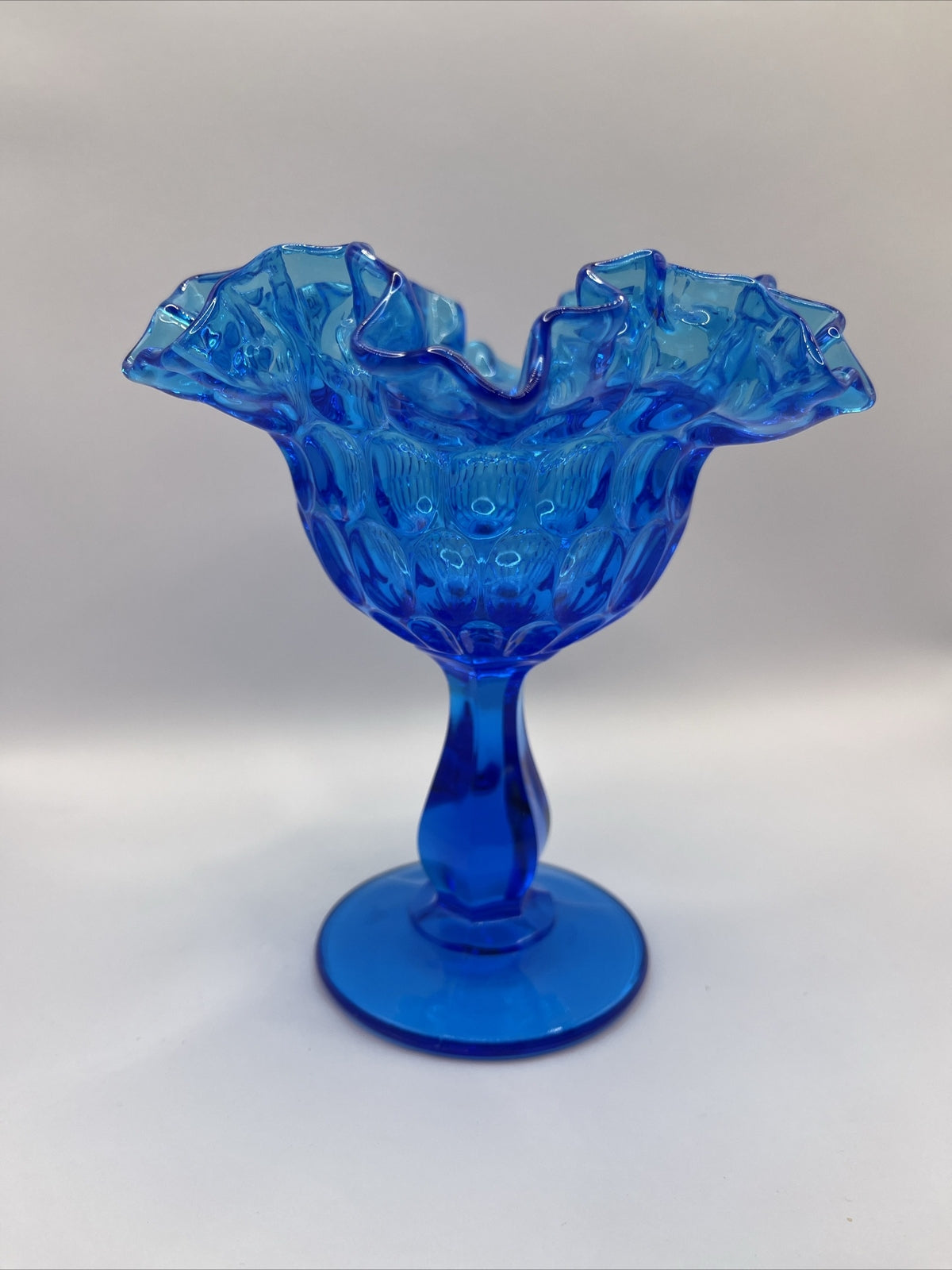Vintage Fenton Art Glass Thumbprint Ruffled Pedestal Dish Colonial Blue