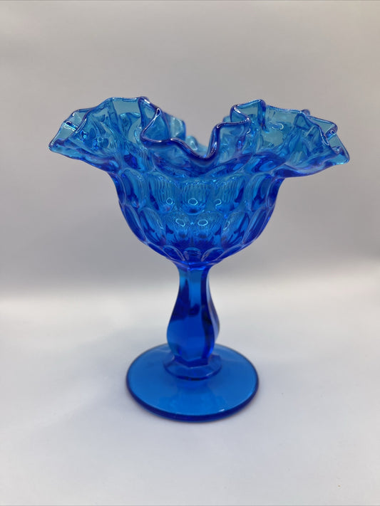 Vintage Fenton Art Glass Thumbprint Ruffled Pedestal Dish Colonial Blue