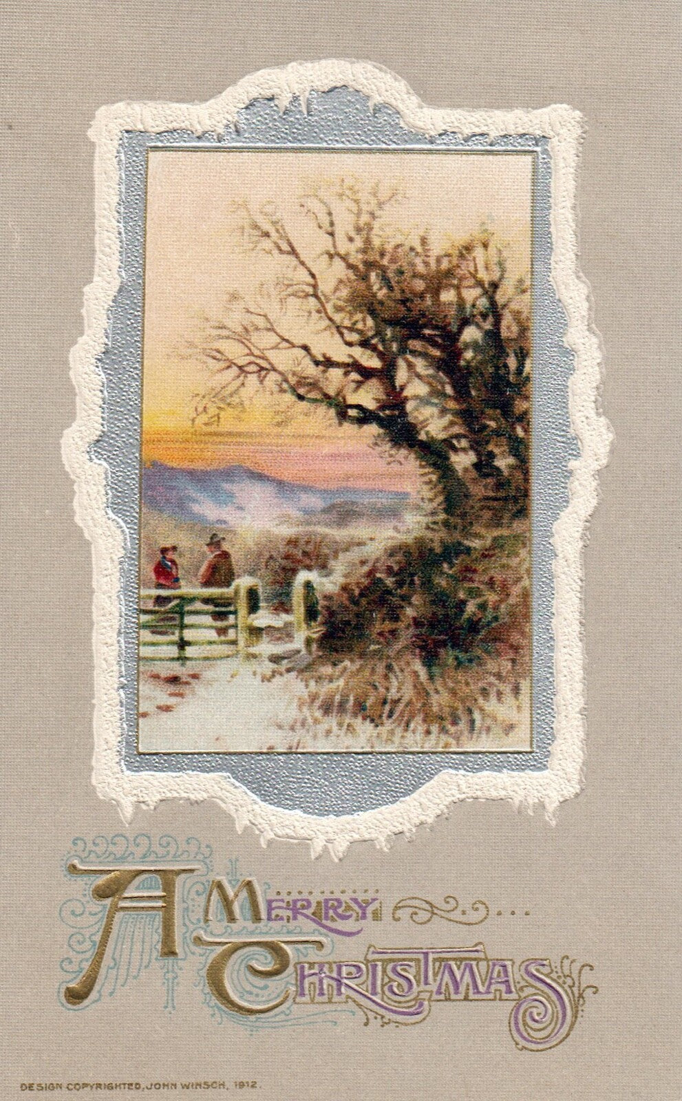John Winsch A Merry Christmas Woman & Man Scenic View Mountains Vintage Postcard