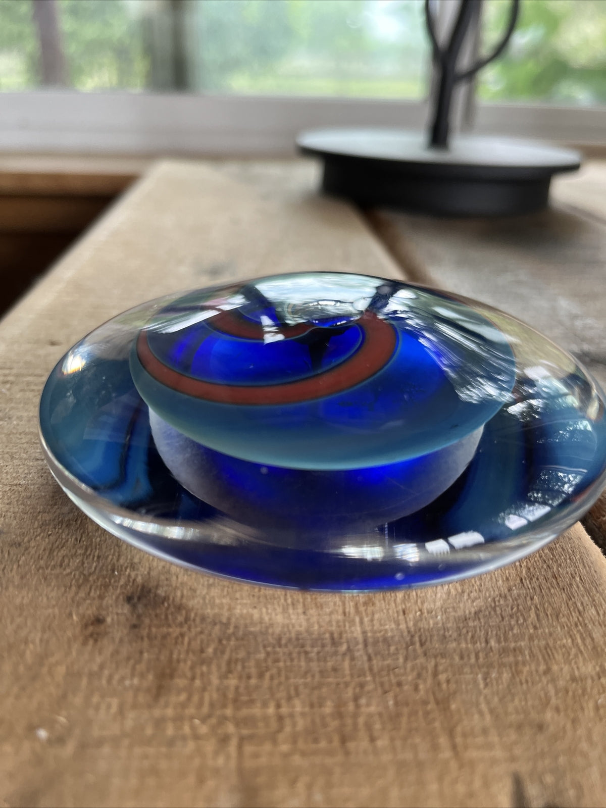 Robert Burch Glass Round Flat Multicolor Dome Center Bubble Paperweight Signed