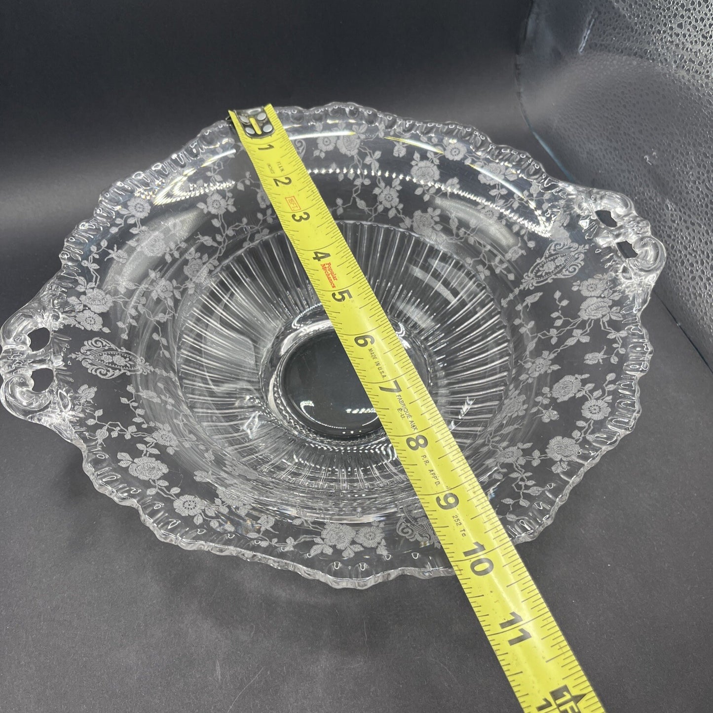 CAMBRIDGE GLASS CO  ROUND FOOTED CONSOLE BOWL - GRAY CUT FLORAL DECOR 10”