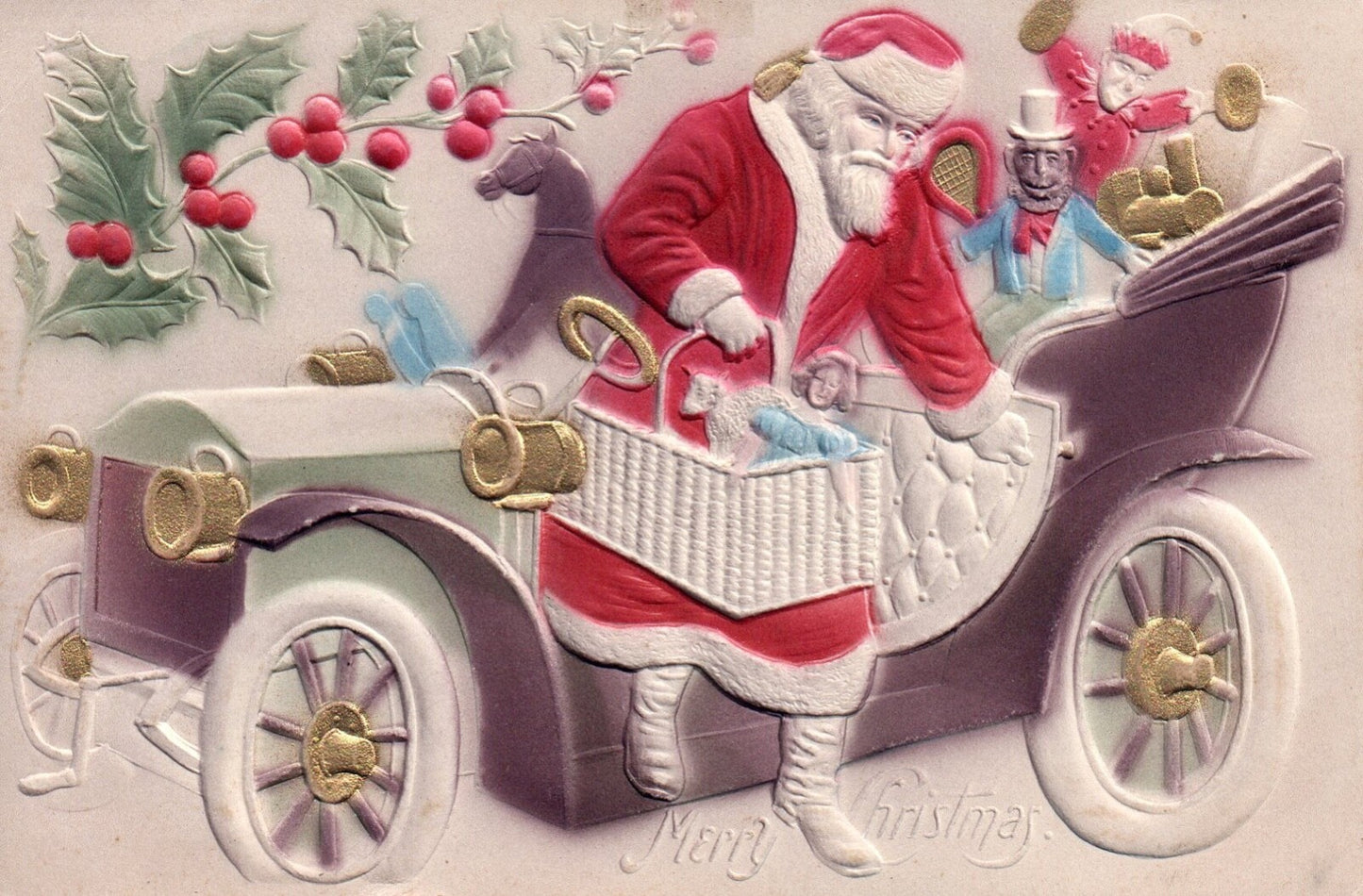 Merry Christmas Heavy Embossed Sant Getting Out of Car Vintage Santa Postcard