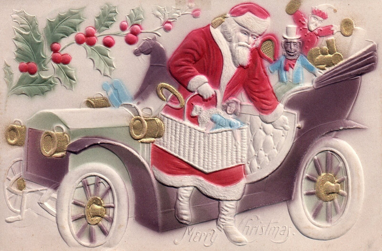 Merry Christmas Heavy Embossed Sant Getting Out of Car Vintage Santa Postcard
