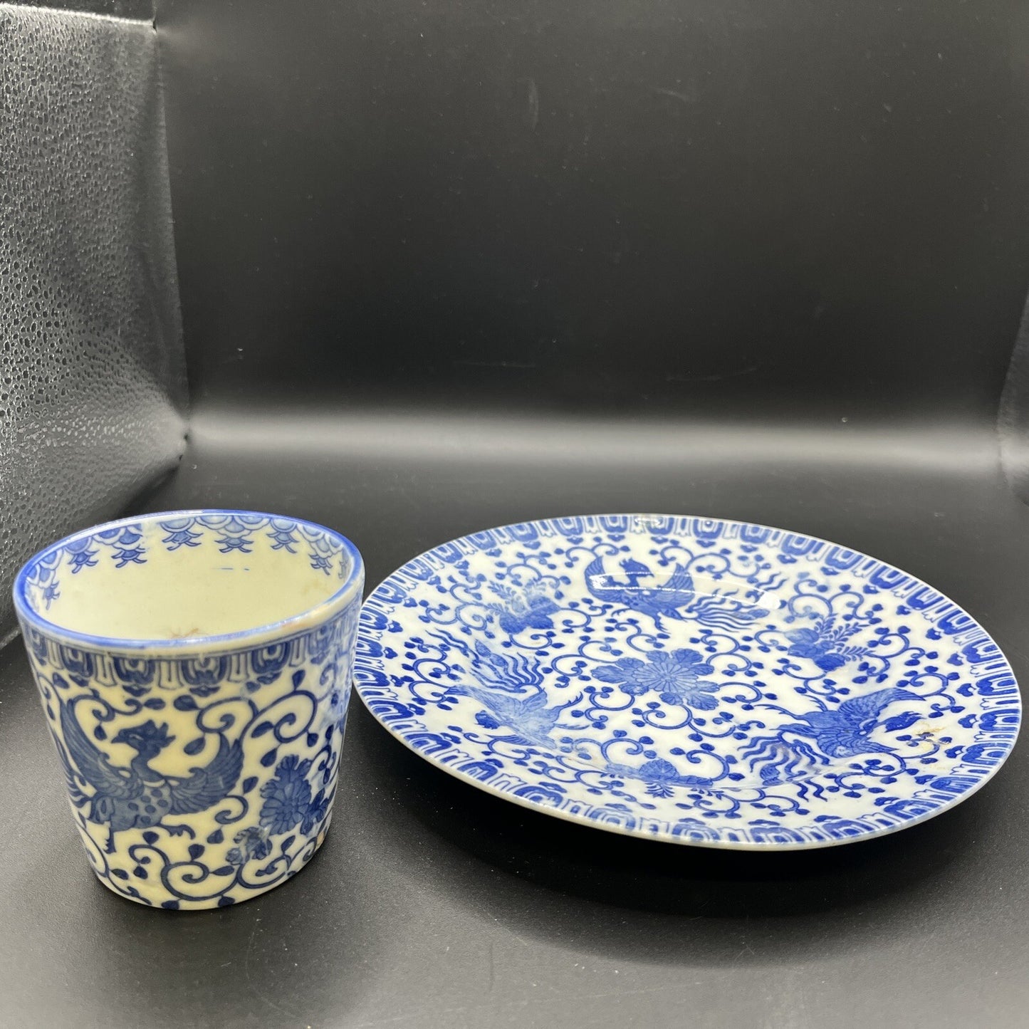 Vintage Phoenix Bird Blue & Demitasse Handless Cup & sandwich Plate Set
