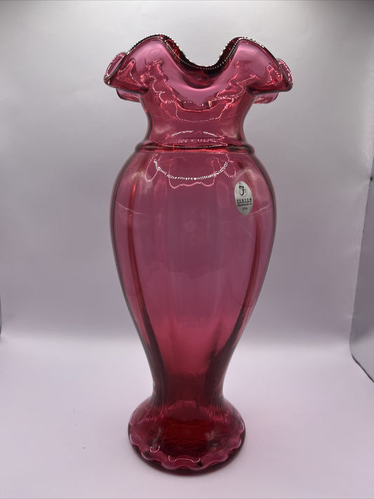 Fenton Art Glass Cranberry Vertical Line Vase Ruffled Edge 10.75”Pristine!