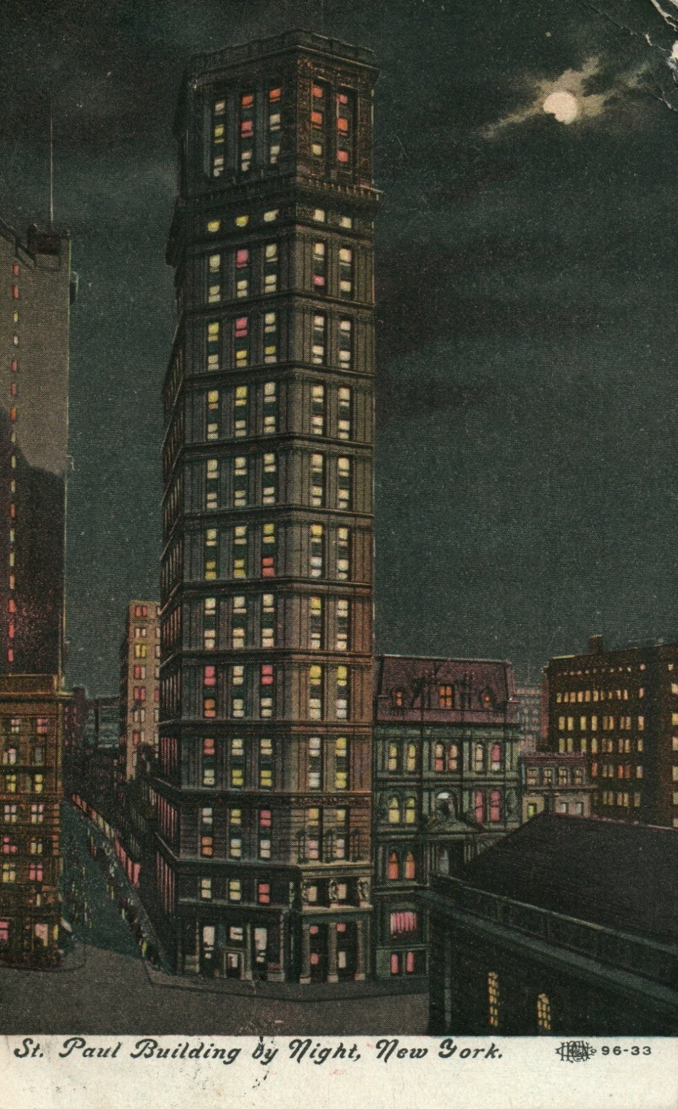 St Paul Building By Night Moon Clouds New York NY  Postcard