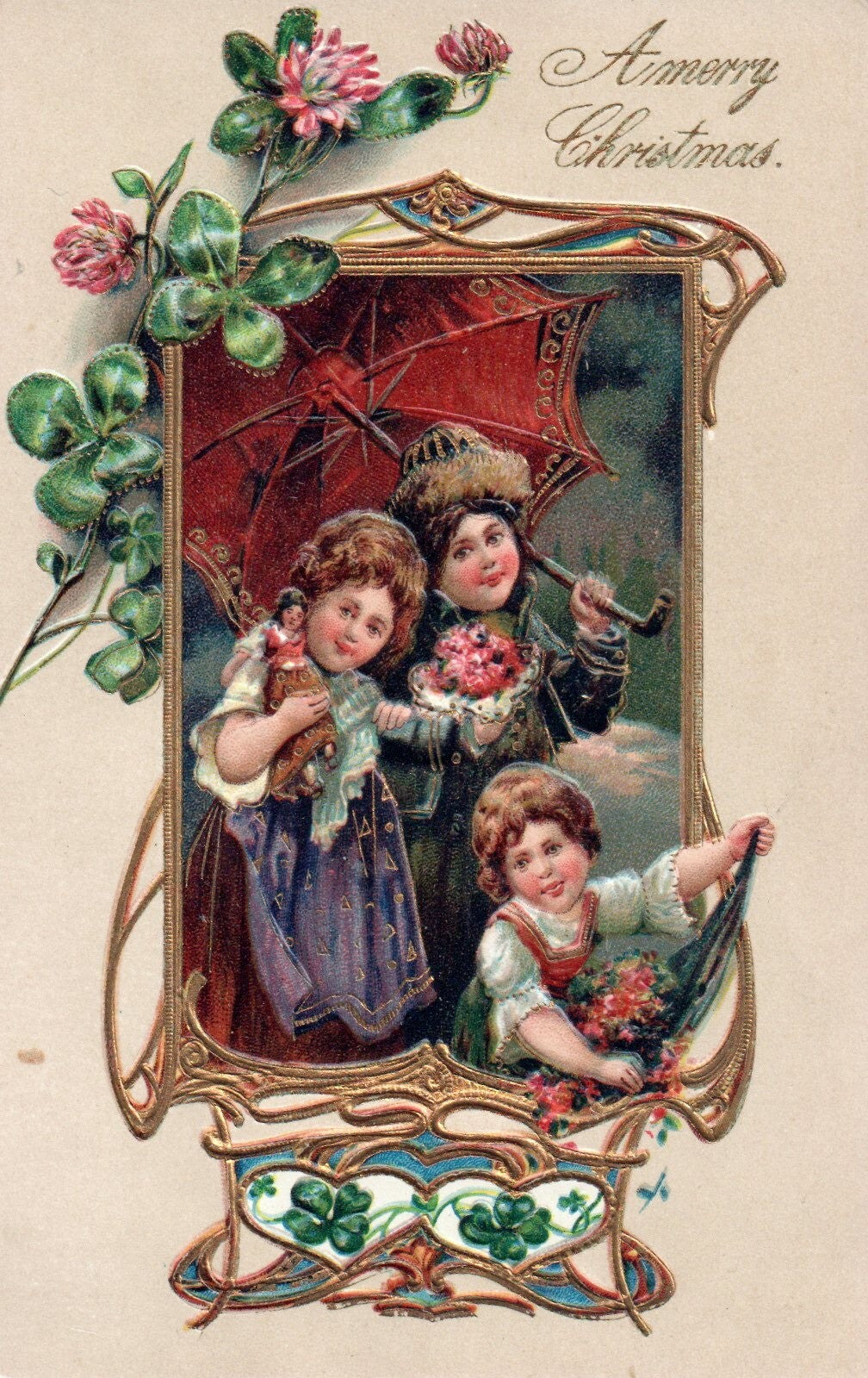 A Merry Christmas Children Beautiful Gold Embossed Vintage Christmas Postcard