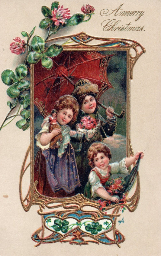 A Merry Christmas Children Beautiful Gold Embossed Vintage Christmas Postcard