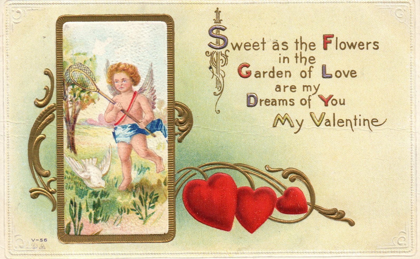 V-56 Cupid Walking Around With Net Gold Metallic Embossed Valentine Postcard