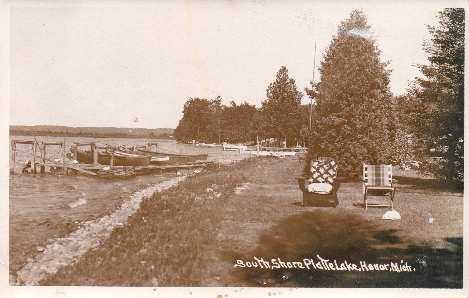 RPPC South Shore View of Platte Lake in Honor Michigan Postcard