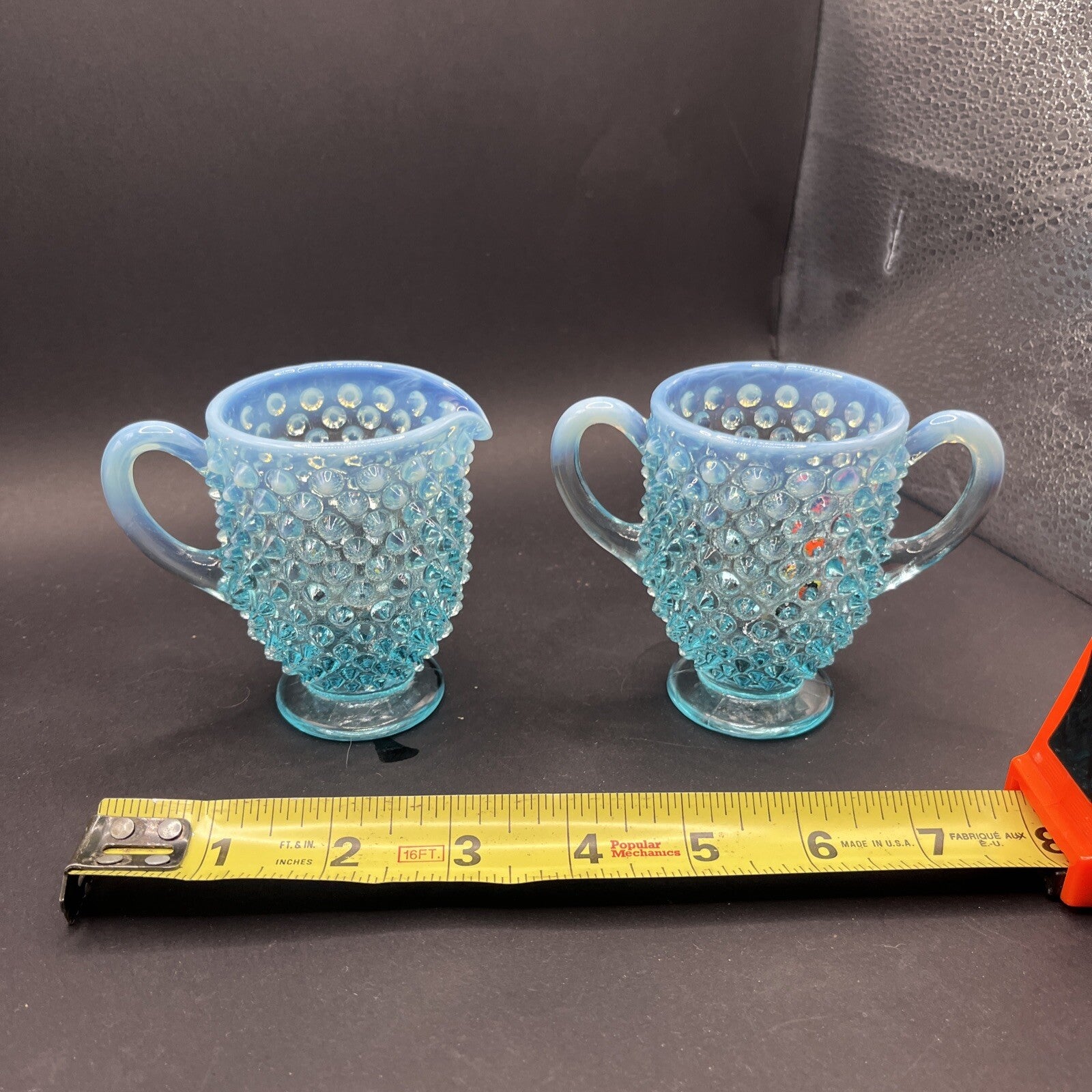 Fenton Glass Blue Opalescent Hobnail Creamer Sugar Bowl Set Lot Handle 3.5 Inch