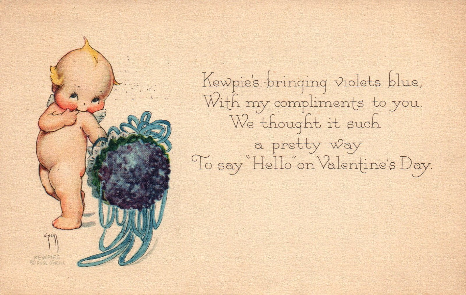 Postcard Valentine Kewpies Violets Blue Hello Artist Rose O'Neill Gibson c1915