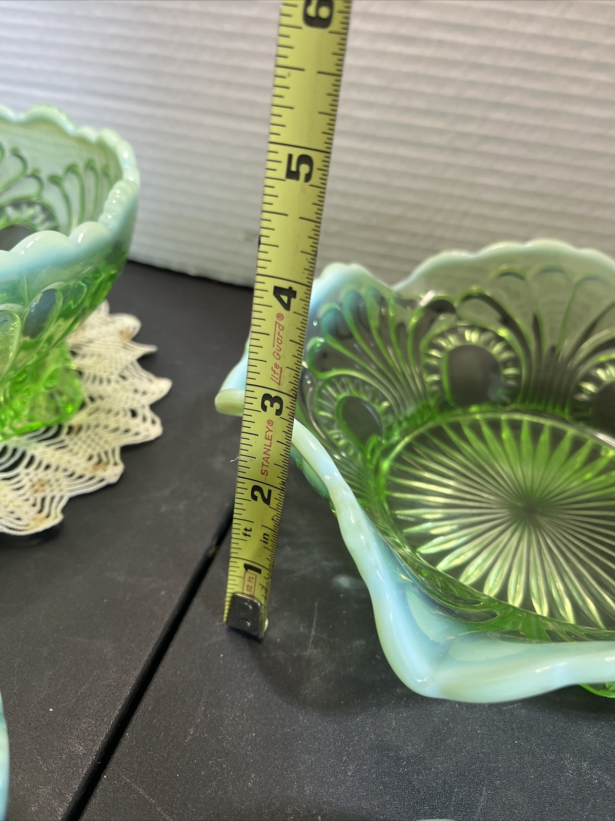 Antique Jefferson Glass 1907 Tokyo Green Opalescent Large, Med & 5 Small Bowls