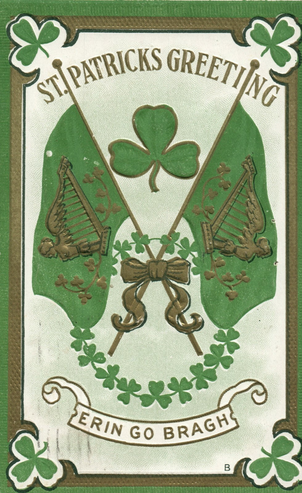 Three Leaf Clover corners Gold Metallic Erin Go Bragh St Patrick's Day Postcard
