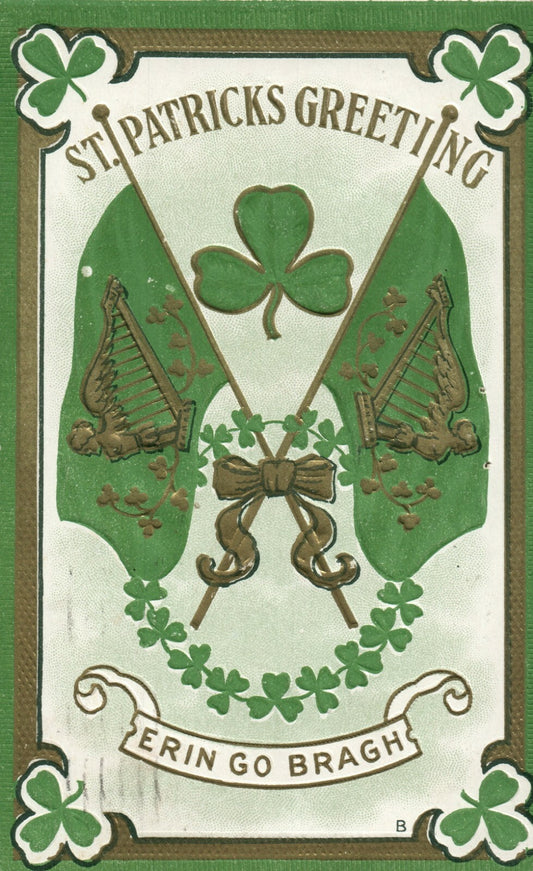 Three Leaf Clover corners Gold Metallic Erin Go Bragh St Patrick's Day Postcard