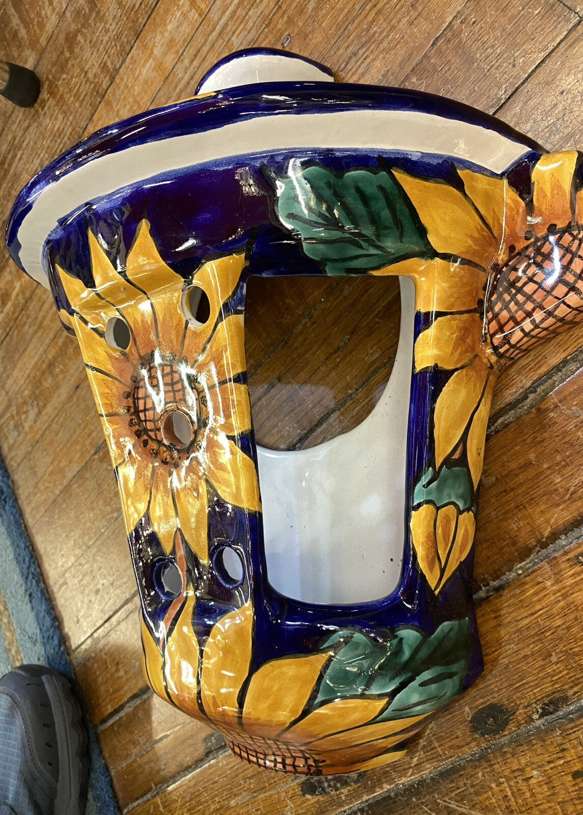 vintage Terracotta Pottery Wall Pocket Planter Mexican Talavera 1980's Sunflower