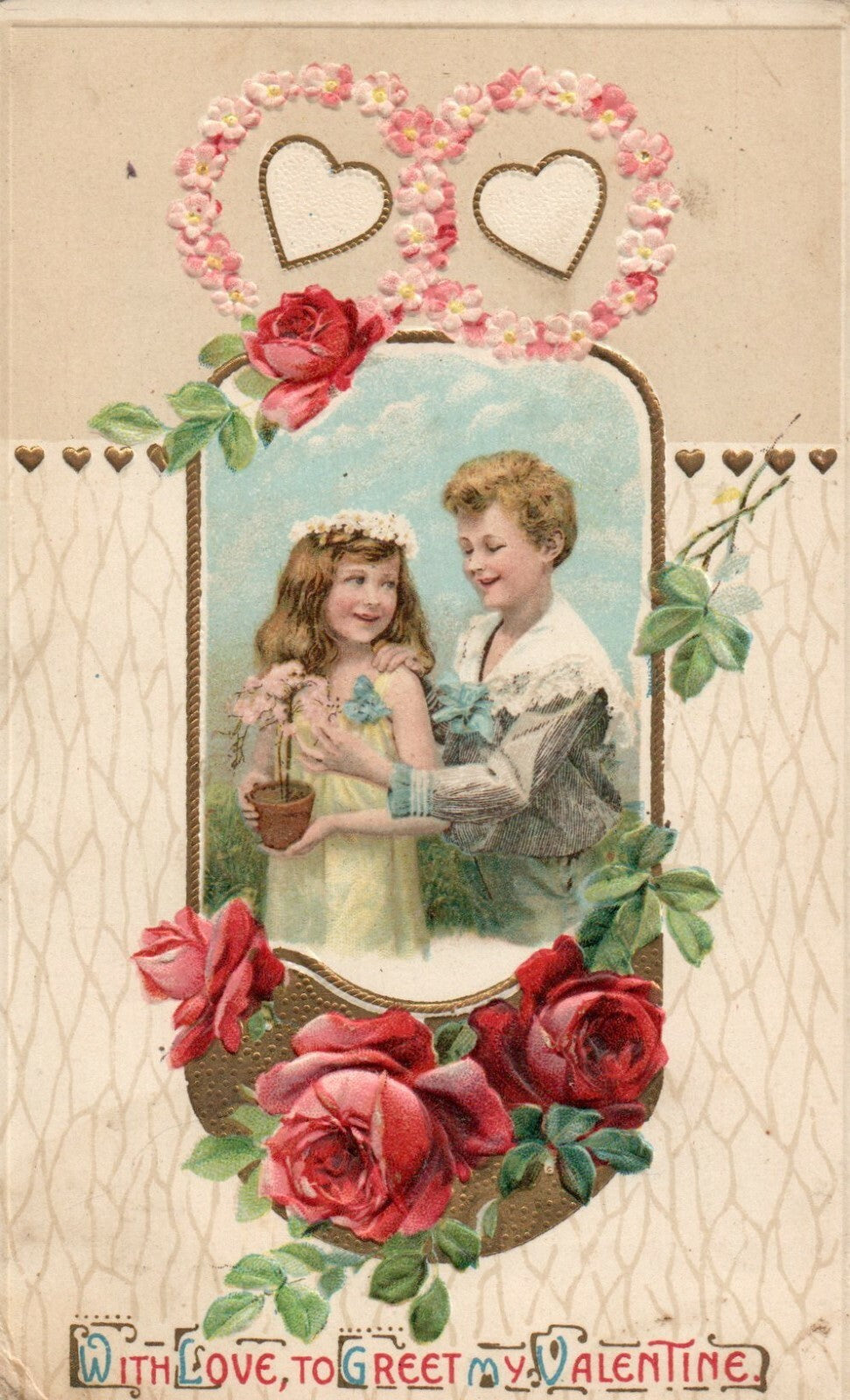 Boy and Girl Holding Flowers Red Roses Floral Valentine Postcard