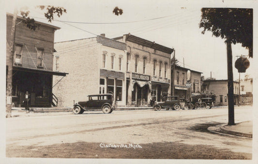 Real Photo Street View old cars Clarksville Michigan MI Mich Postcard