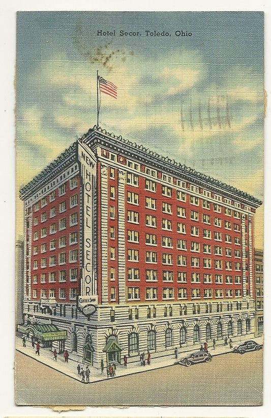 Hotel Secor Toledo Ohio US Flag Old Cars Post Card OH