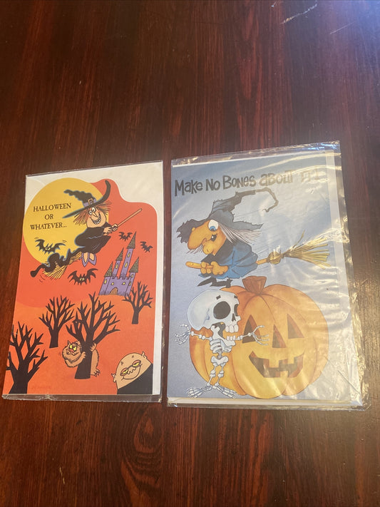 Lot of 2 Vintage Halloween Greeting Cards by Gallant Witch Pumpkin Bats