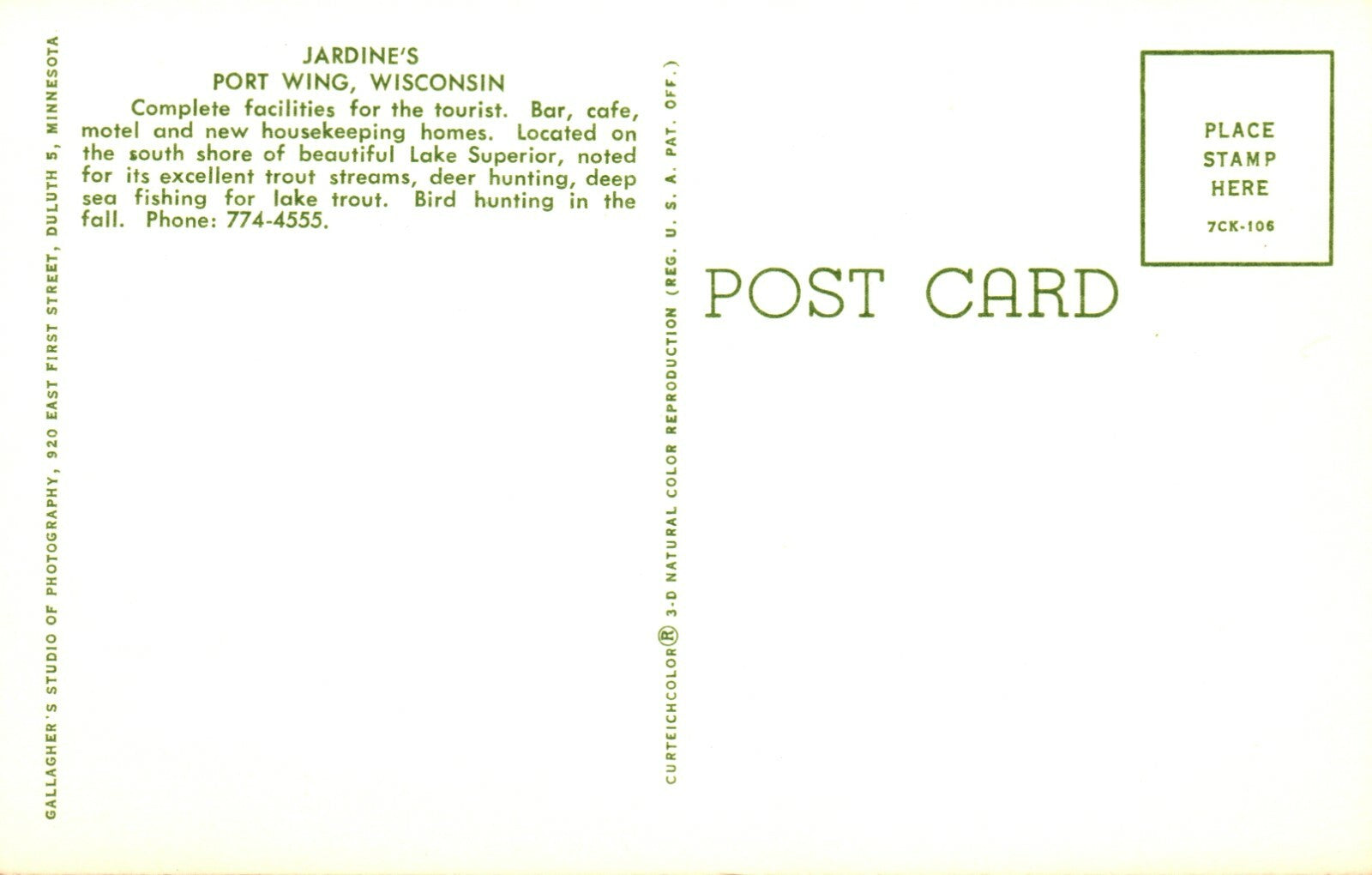 Jardine's Motel Bar & Cafe Shore Lake Superior Port Wing Wisconsin WI Postcard